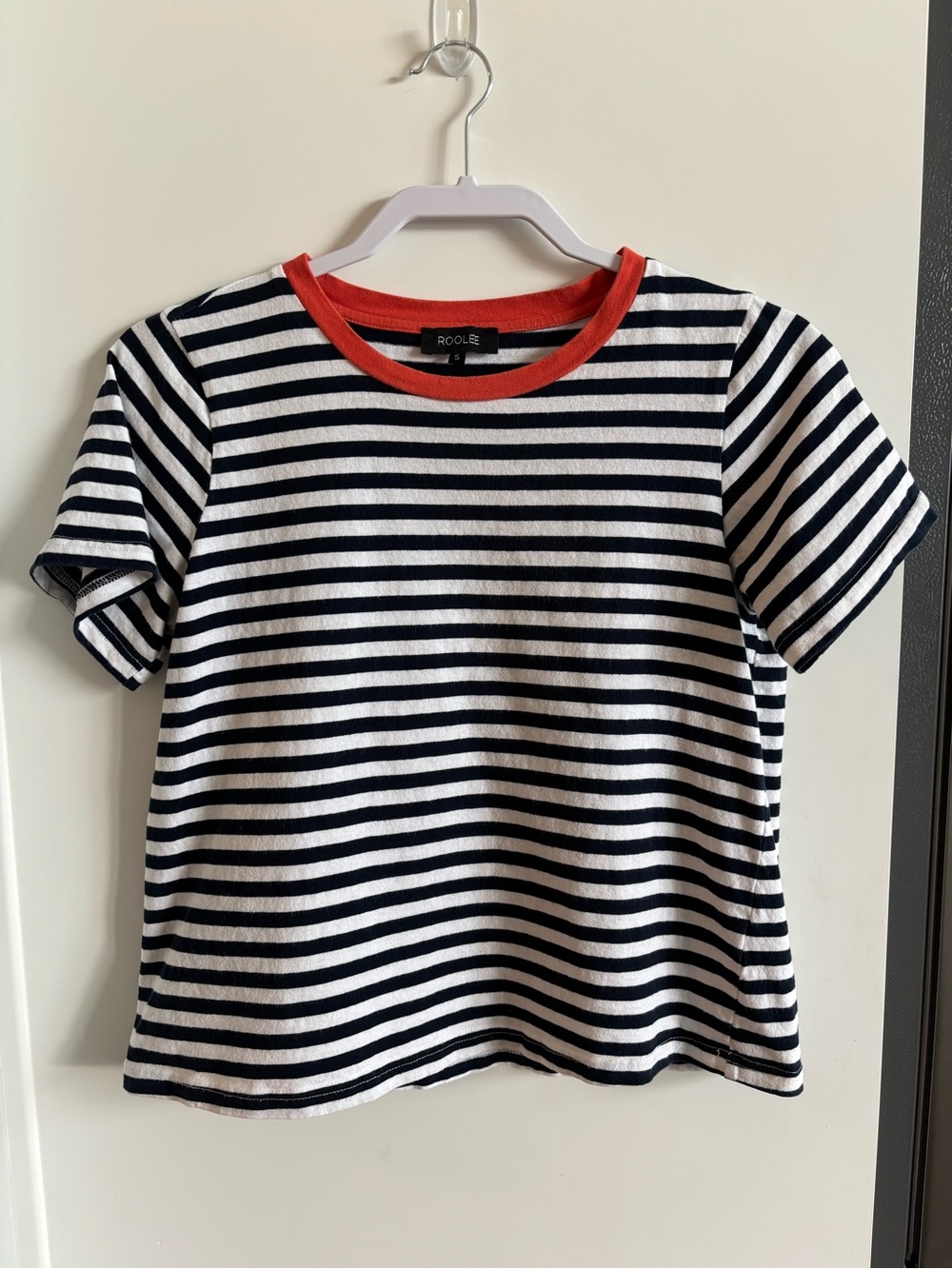 roolee cropped navy, white, red, striped shirt